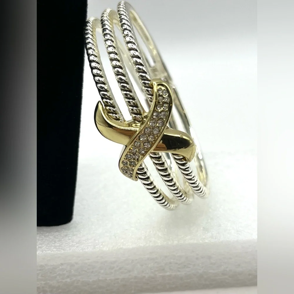 Rope Bracelet Love Crossover Silver Tone Cable Hinged Rhinestone Bangle Chunky